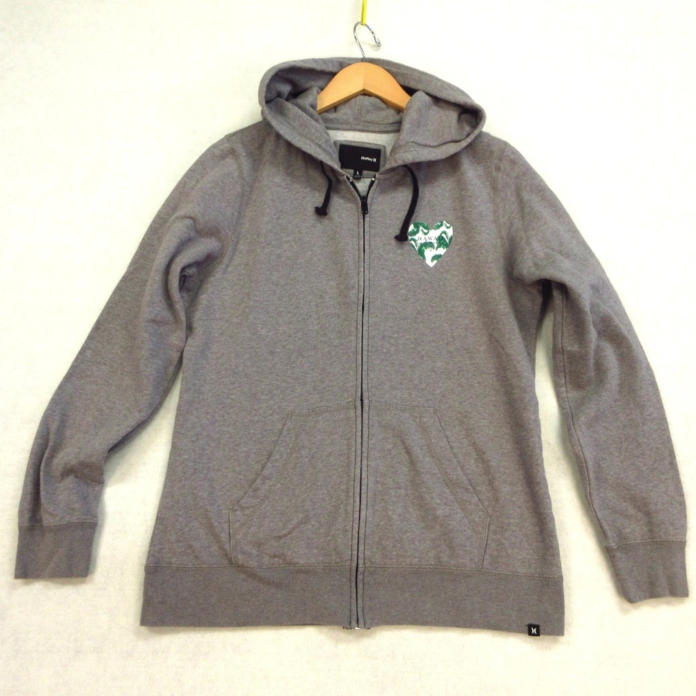 Hurley Hoodie Women L Gray Full Zip Hawaii Heart Palm Print Fleece‎ Surf Skate